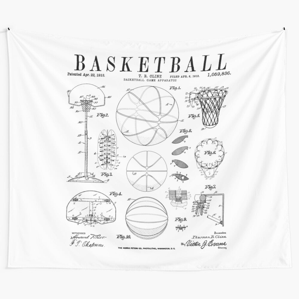 Vintage basketball patent drawing print tapestry featuring a basketball, basket, and player