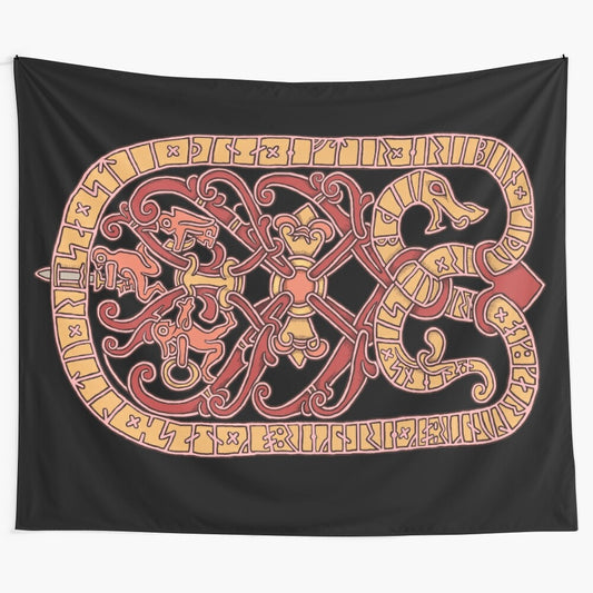 Viking-inspired stone carving tapestry with runes and mythological symbols