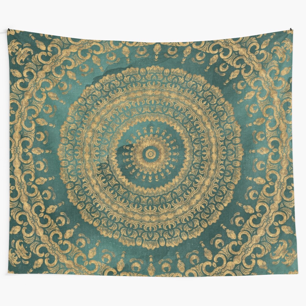 Emerald green and gold mandala tapestry with bohemian, psychedelic design