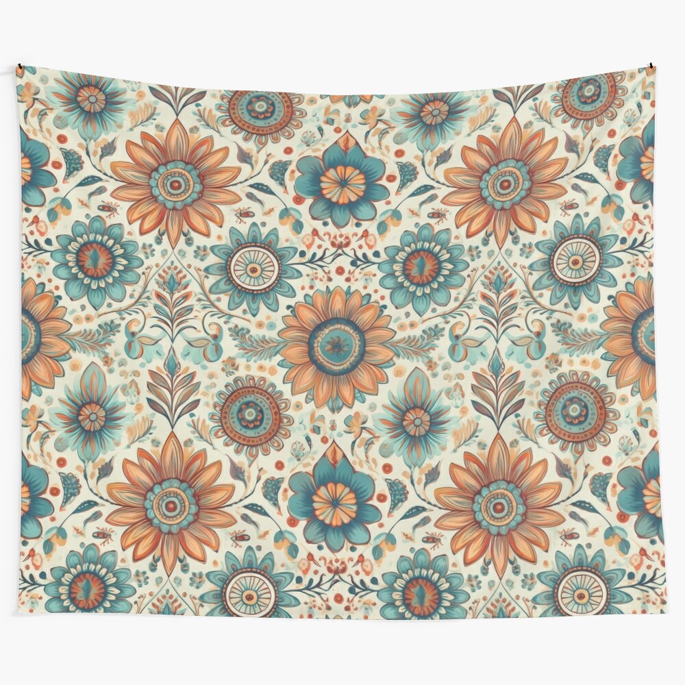 Retro boho style floral tapestry with golden daisies