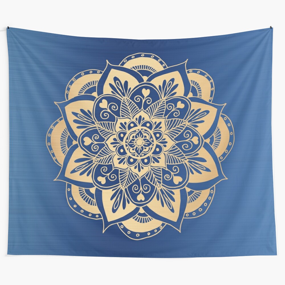 Blue and gold mandala pattern tapestry for home decor