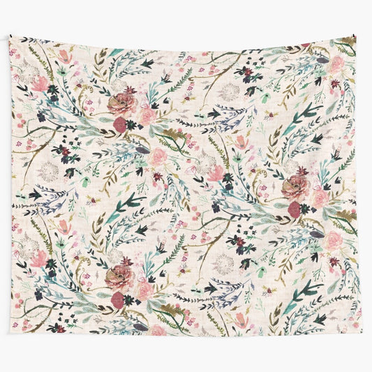 Vintage-inspired botanical floral tapestry with leaves and blossoms