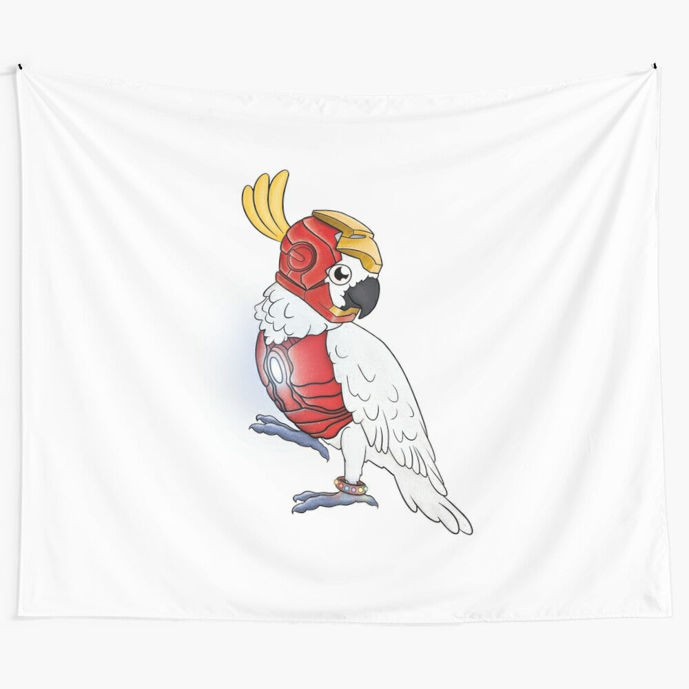 Cockatoo superhero tapestry featuring a cute and colorful parrot in a superhero costume