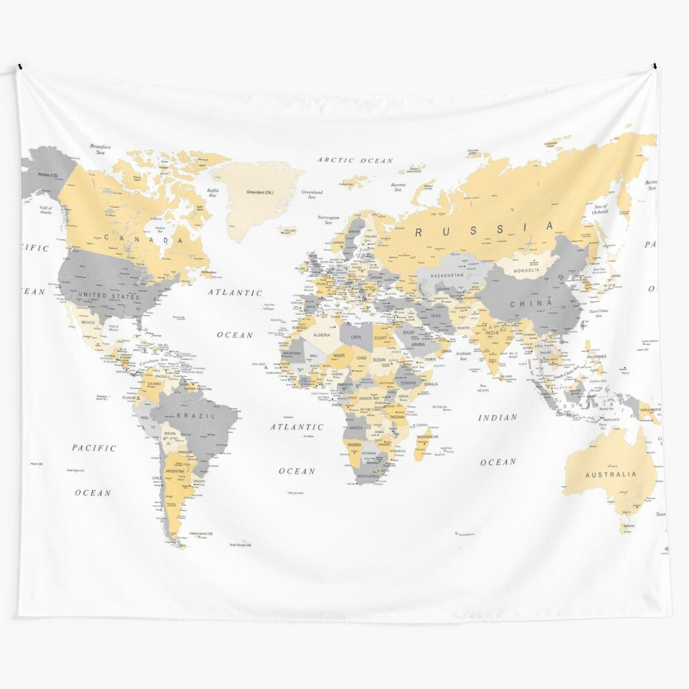 Yellow and Grey World Map Tapestry Wall Art