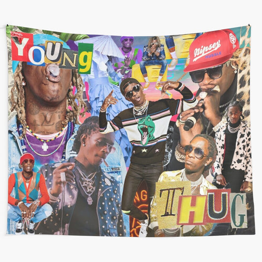 Colorful collage tapestry featuring Young Thug's iconic fashion and style