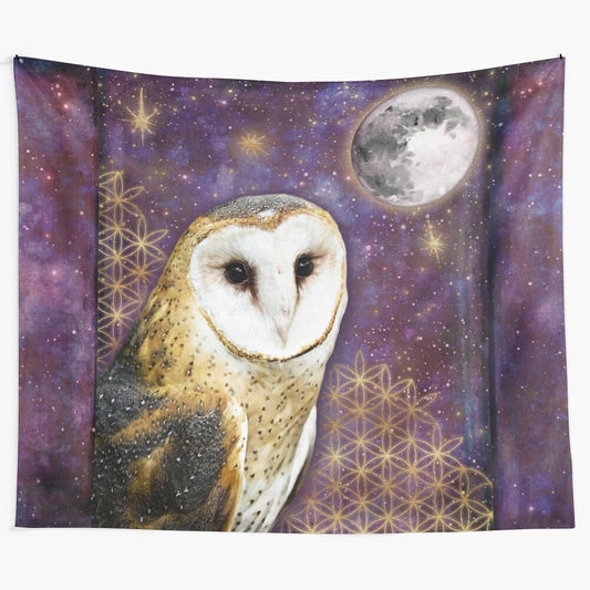 Enchanted owl and moon tapestry with sacred geometry, night sky, and watercolor elements