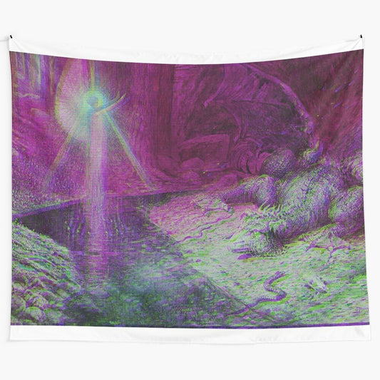 Ethereal and fantastical tapestry featuring an angelcore dragon tamer in a vaporwave-inspired abstract design