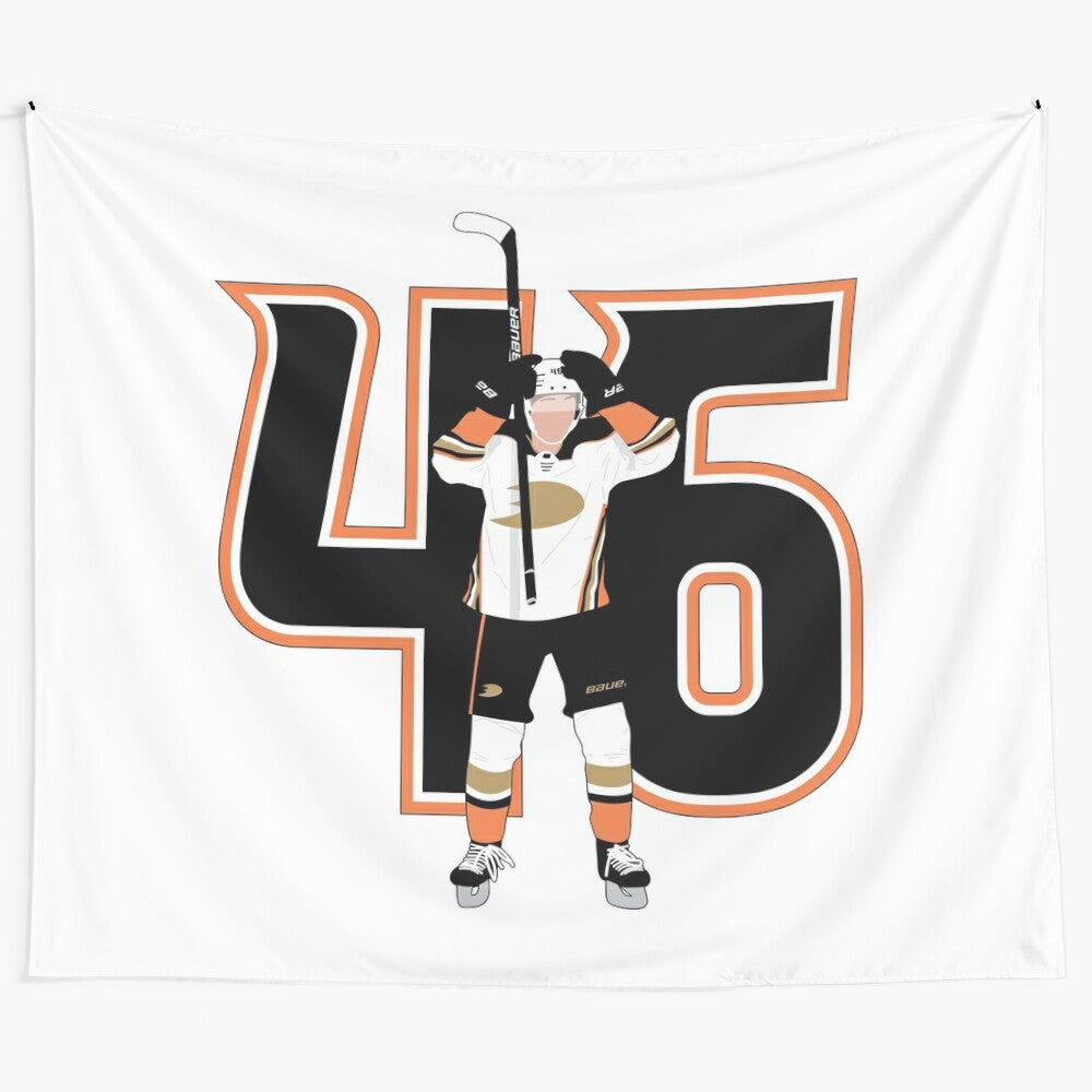 Trevor Zegras alley-oop hockey reaction tapestry design featuring the Anaheim Ducks player