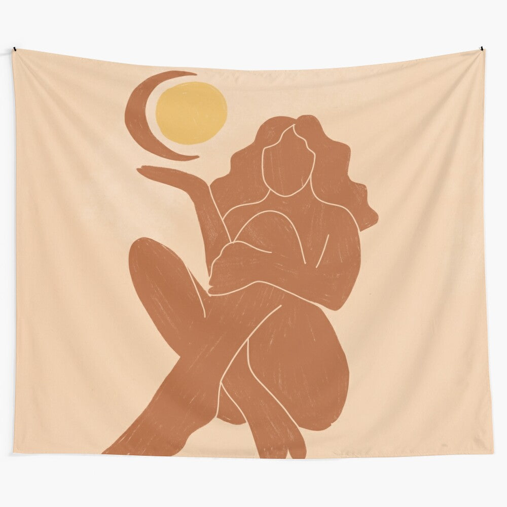 Minimalist tapestry featuring a woman's silhouette with the sun and moon in a colorblock design