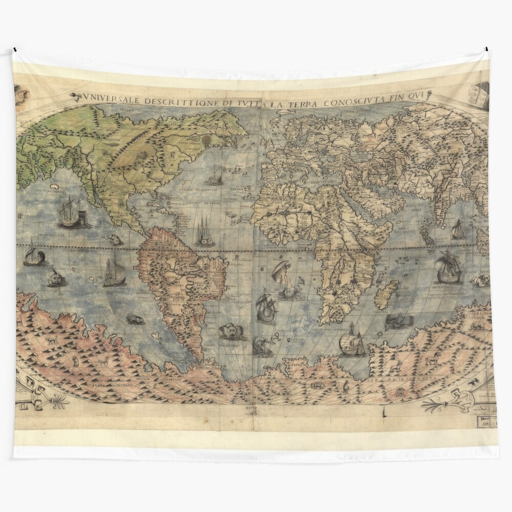 Antique vintage world map tapestry depicting the old world geography