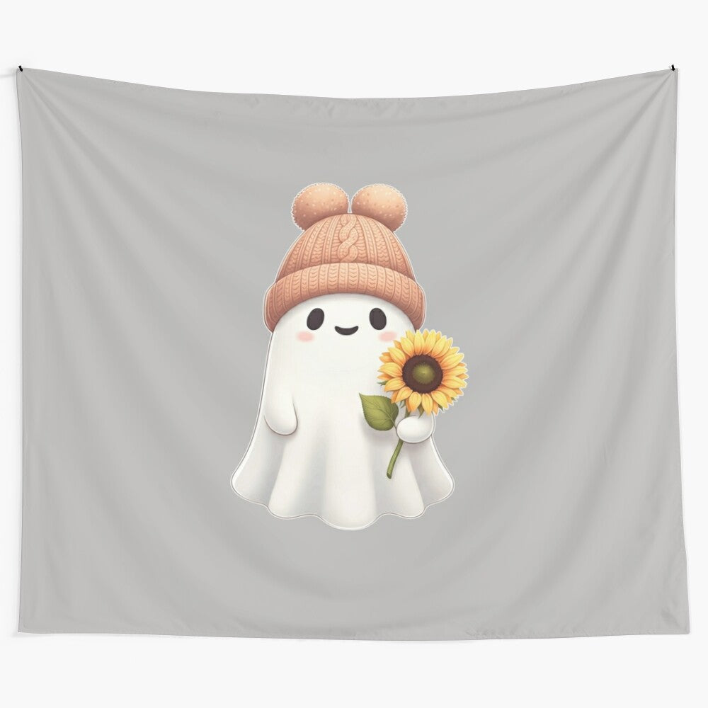 A digital illustration of a cute and friendly ghost with big eyes and a gentle smile, surrounded by colorful sunflowers and autumn vibes.