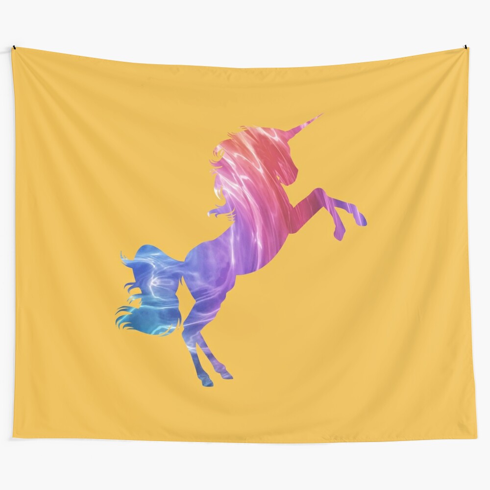 Colorful unicorn tapestry with rainbow horn and glittery details