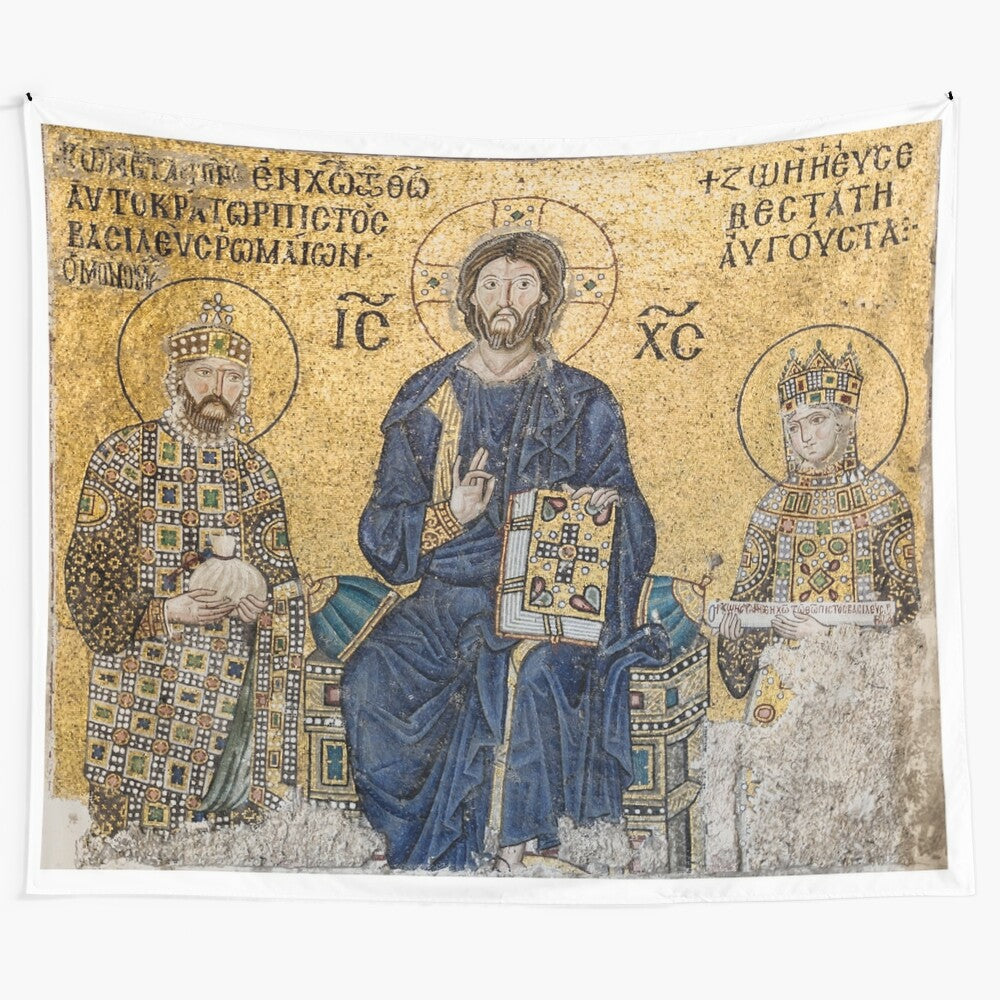 Tapestry featuring the iconic Jesus Christ Pantocrator mosaic in Hagia Sophia, Istanbul