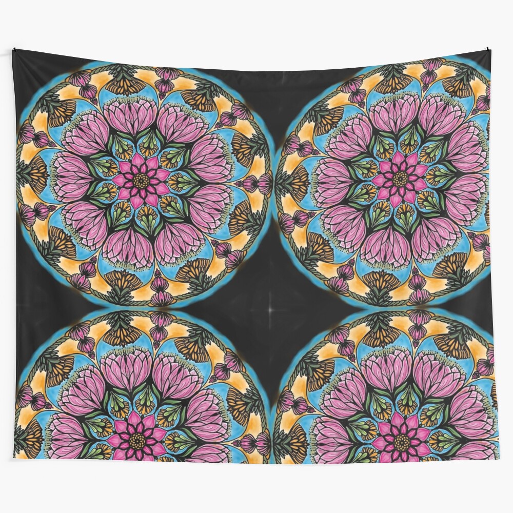 Mandala pattern pink lotus flowers floral tapestry wall art