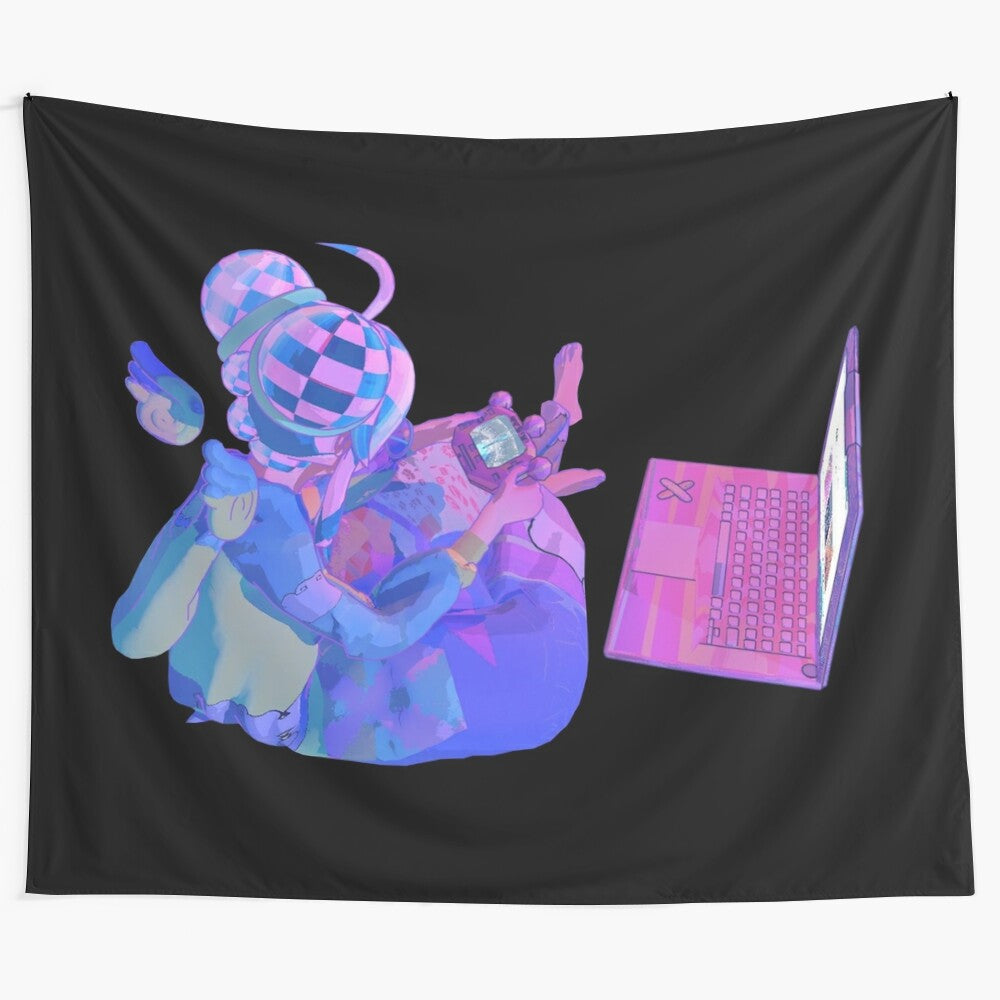 Yameii-inspired 3D rendered laptop tapestry, featuring anime-style artwork and aesthetic design