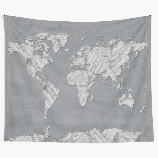 Vintage-inspired world map tapestry with music notes and black and white design