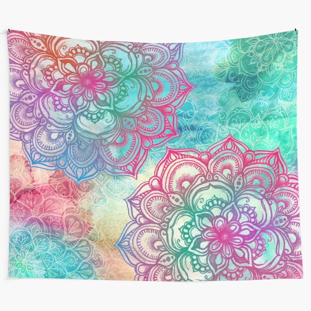 Colorful mandala tapestry with vibrant rainbow design