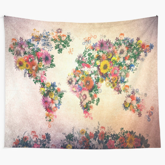 Floral world map tapestry with botanical elements