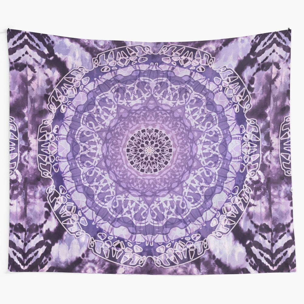 Tie-dye mandala tapestry in shades of purple and lavender