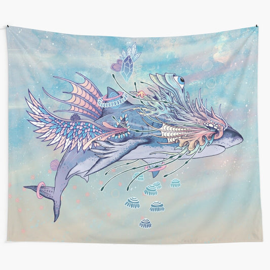 Psychedelic shark tapestry featuring a vibrant, detailed design with celestial and underwater elements