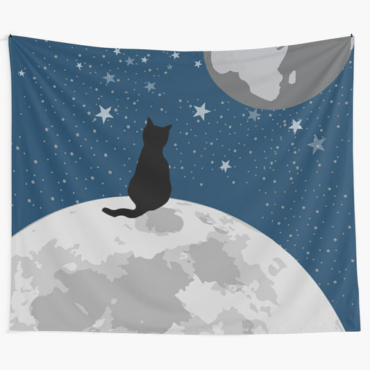 Space cat silhouette tapestry with stars, moon, and planets in blue and grey colors