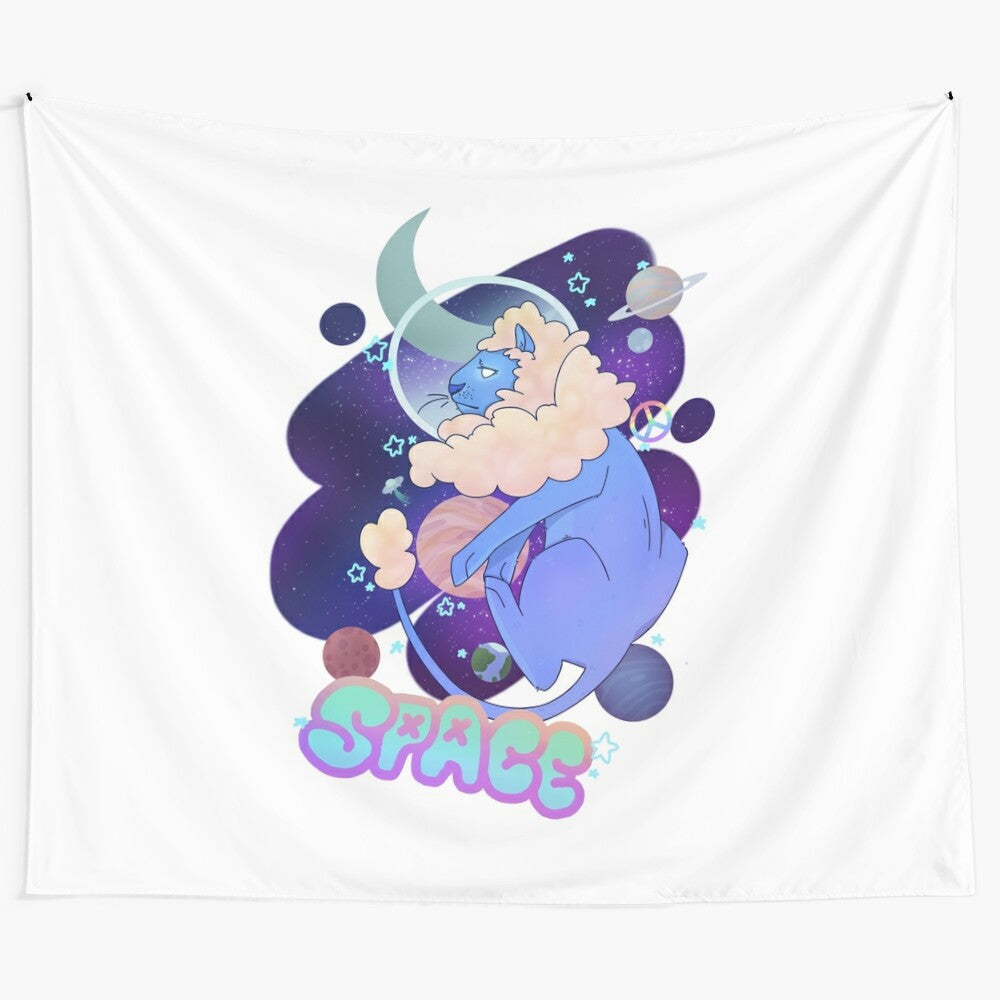 Majestic space lion tapestry against a backdrop of stars and galaxies