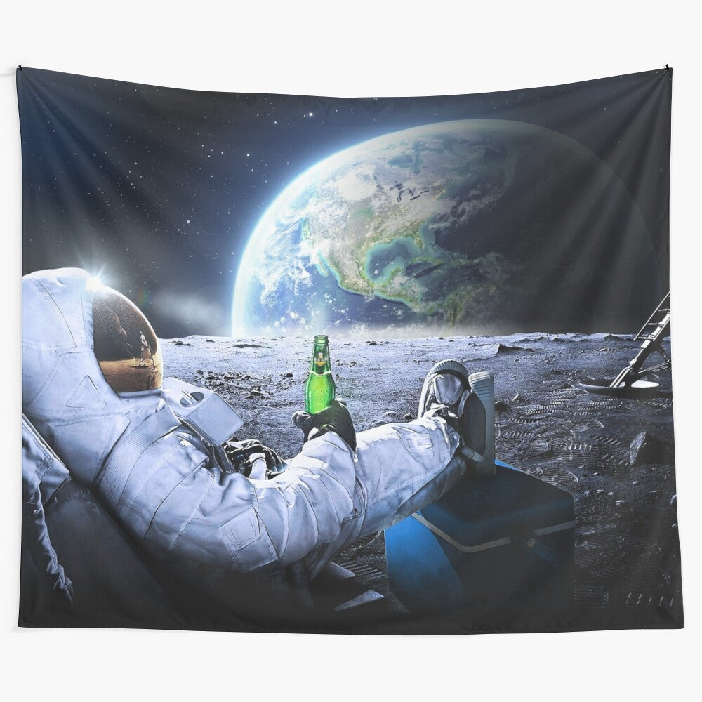 Astronaut on the moon holding a beer in a space-themed pop art collage