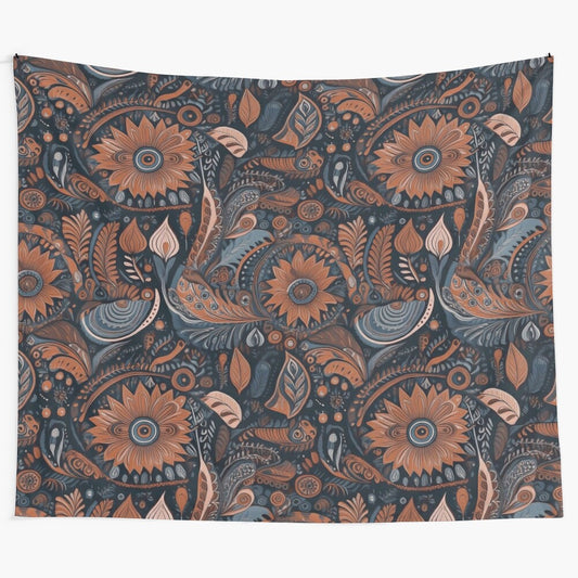 Retro boho floral tapestry with mocha daisies