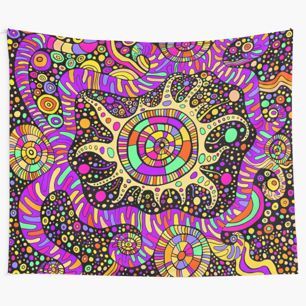 Trippy psychedelic tapestry with neon tentacles and black light effects