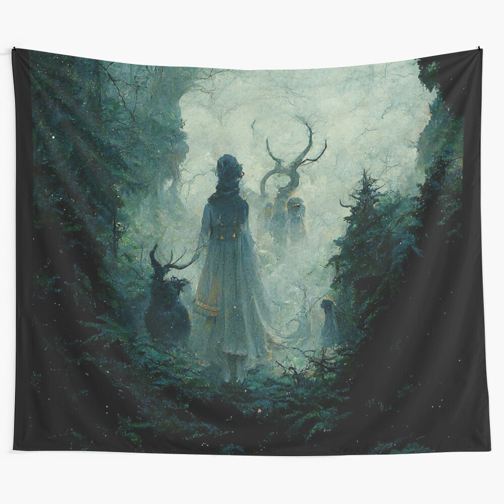 Hecate tapestry with horned creatures in a mystical forest scene, perfect for pagan home decor