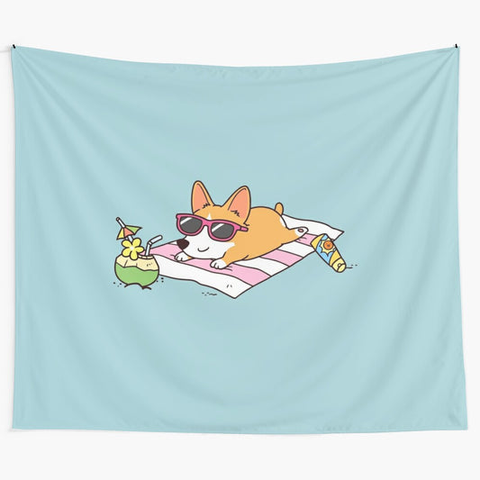 Sunbathing corgi dog on a summer beach tapestry