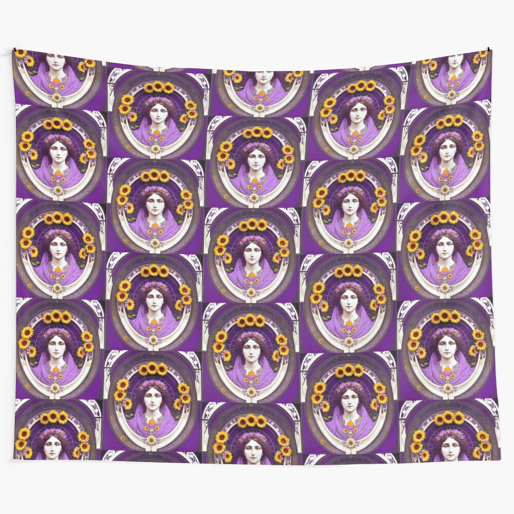 Lavender and sunflower botanical art deco tapestry with a purple lady and flowers