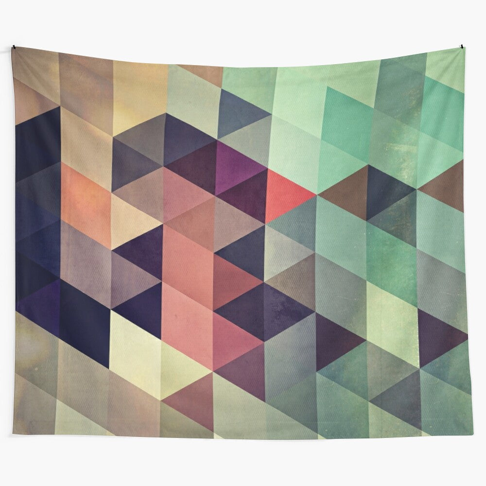 Geometric abstract tapestry wall art with triangles and trapezoids in neutral colors