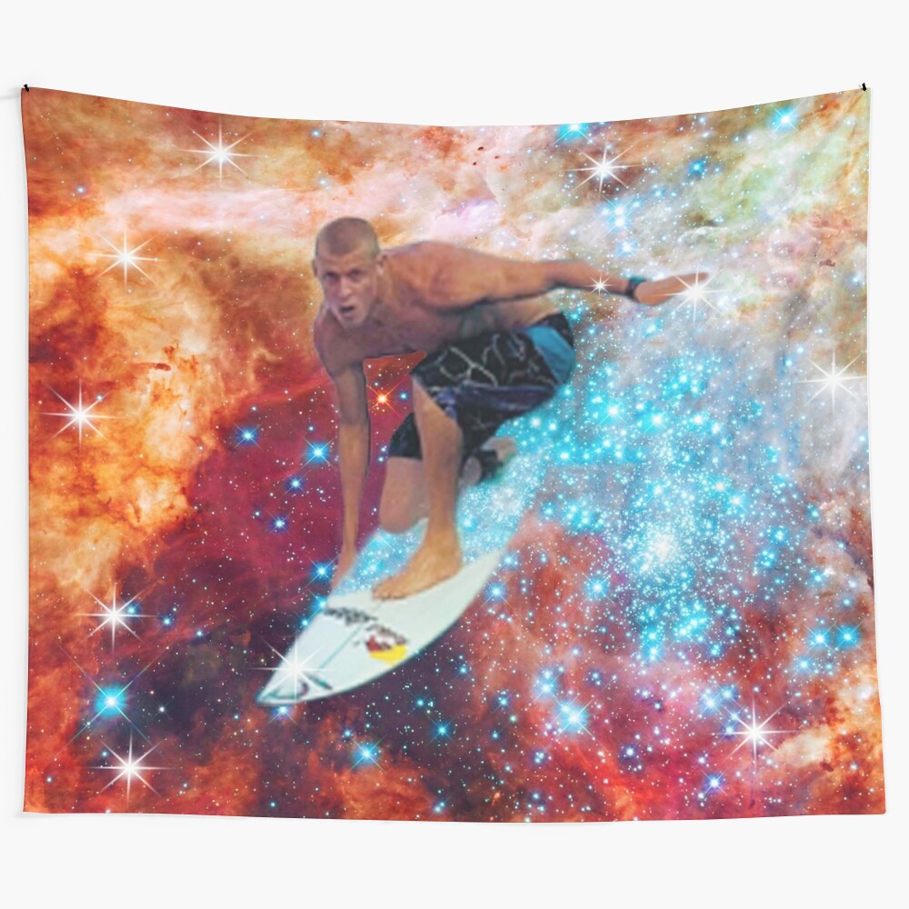 Colorful tapestry featuring a surfer design in a modern, abstract style