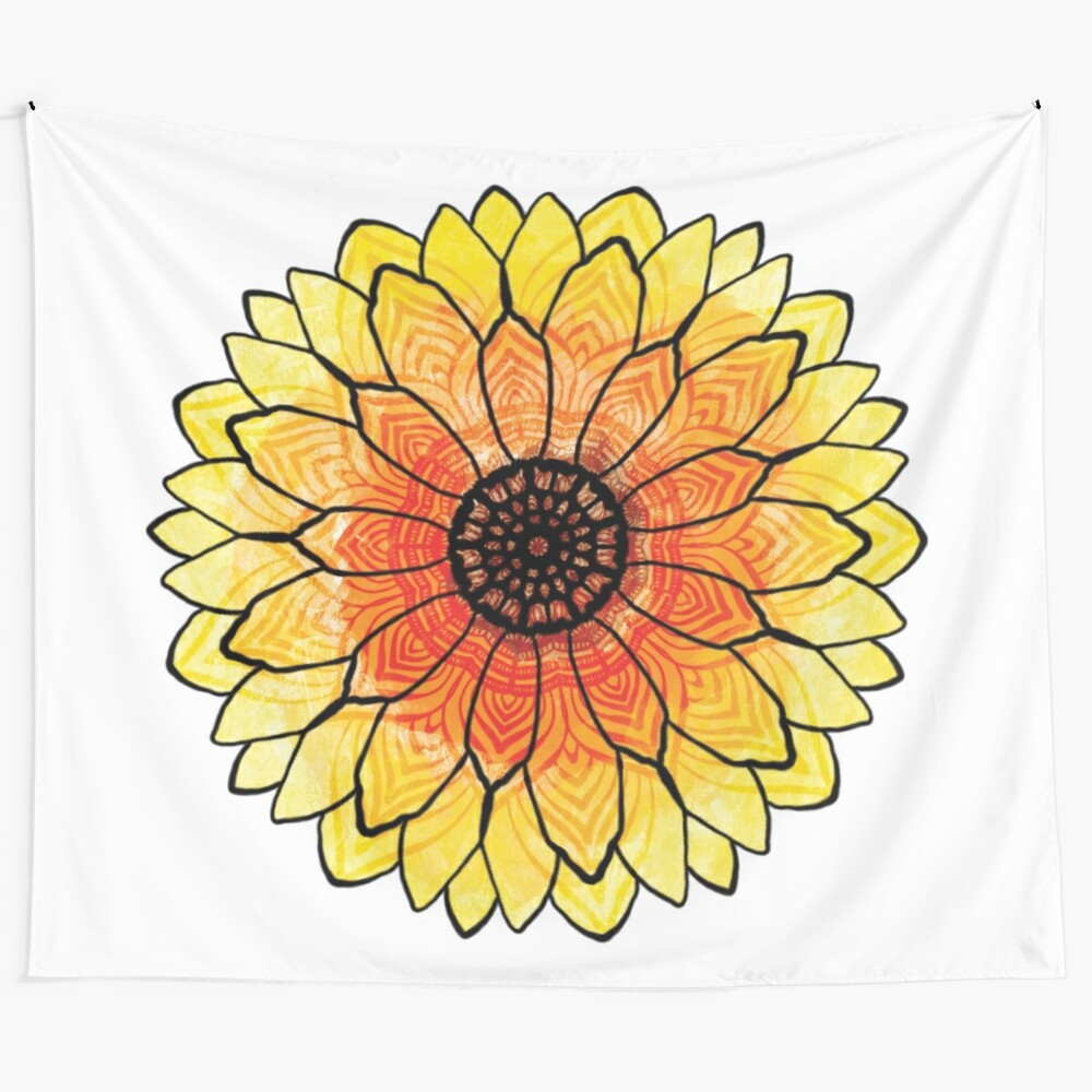 Sunflower mandala tapestry with vibrant yellow flowers and bohemian design