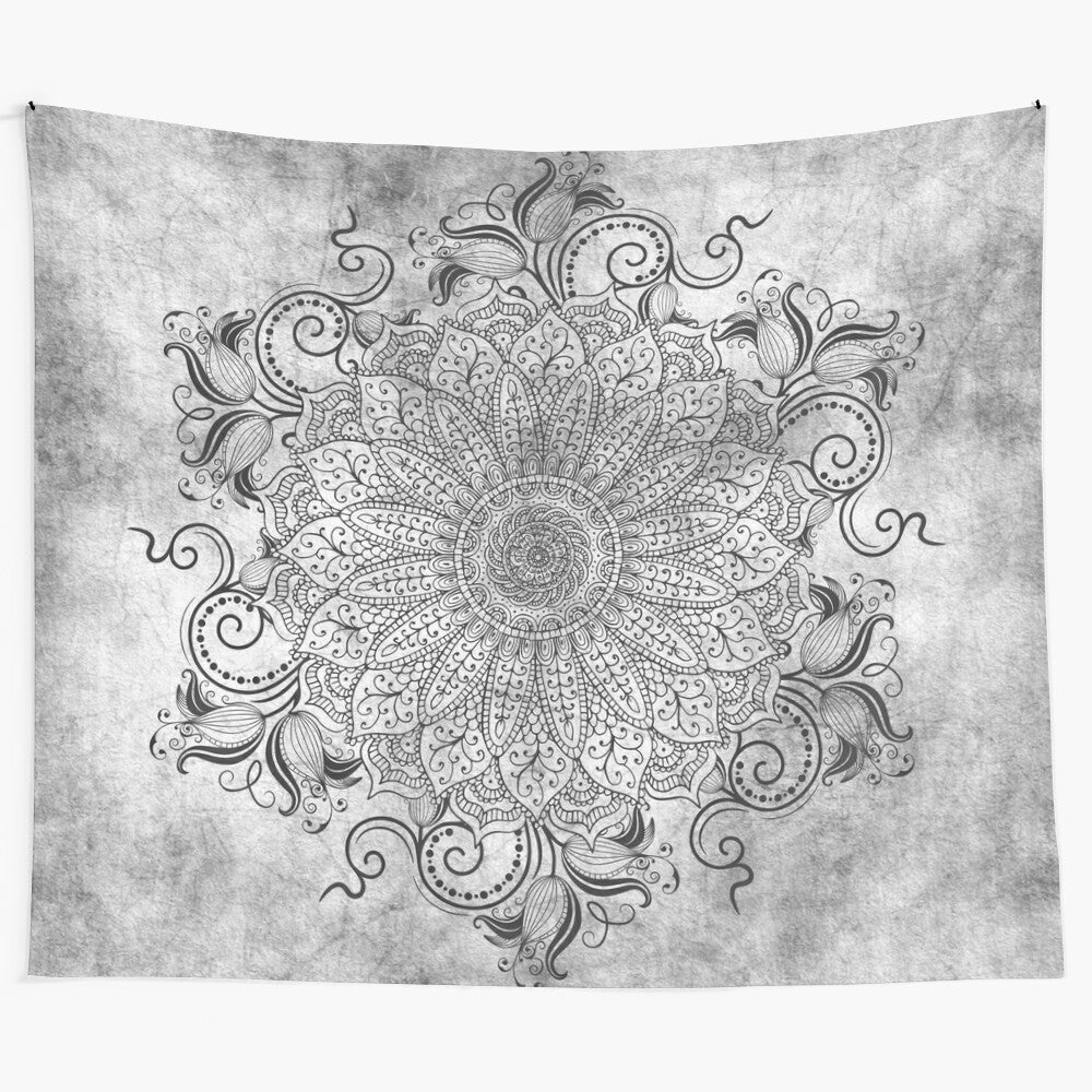 Mandala tapestry with abstract, geometric patterns and natural, zen-inspired elements