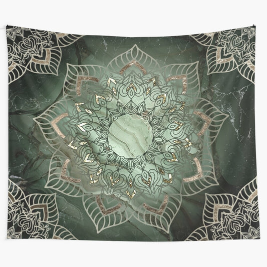 Silver green mandala tapestry with floral and abstract patterns