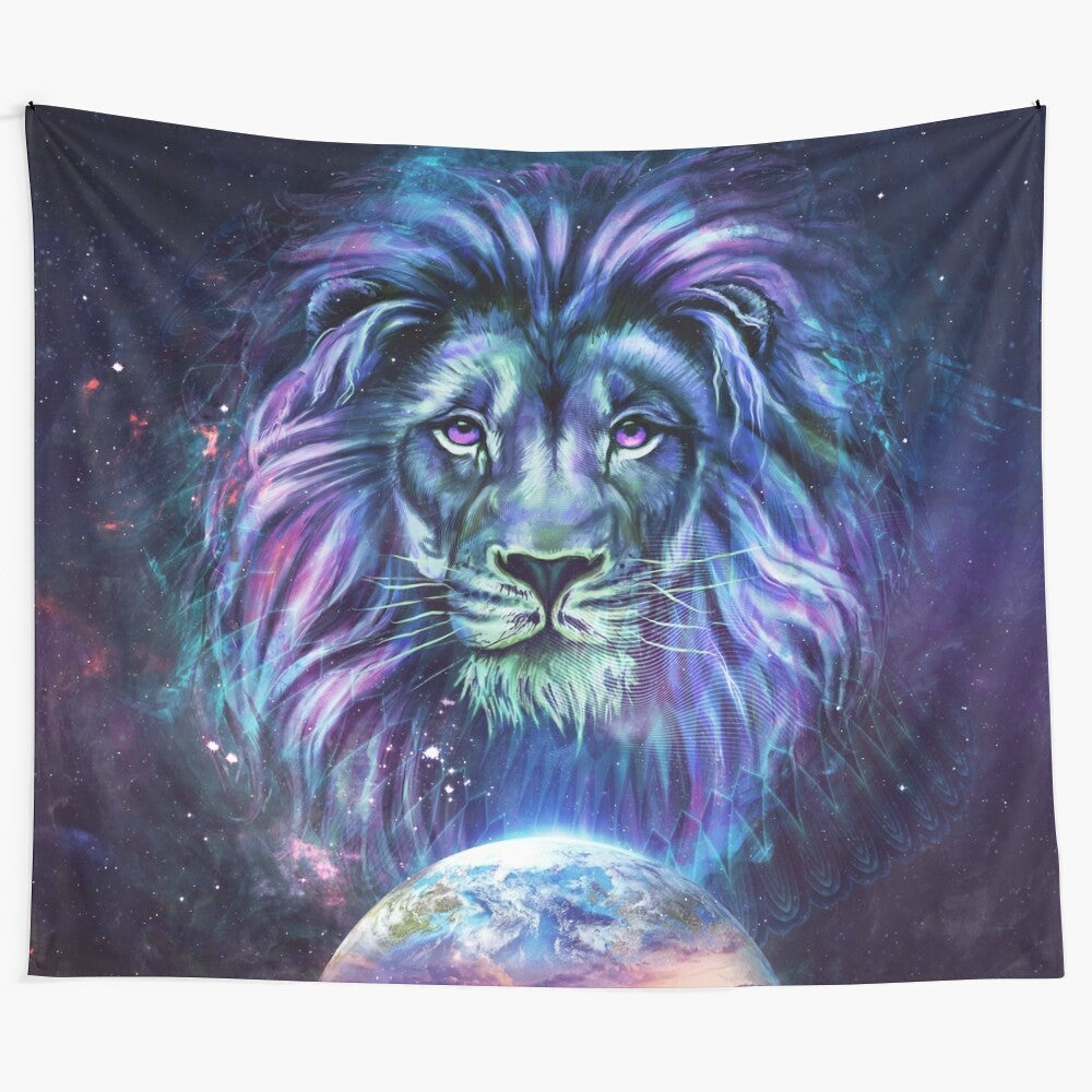 Cosmic Guardian Tapestry featuring a majestic lion in a surreal, trippy space scene