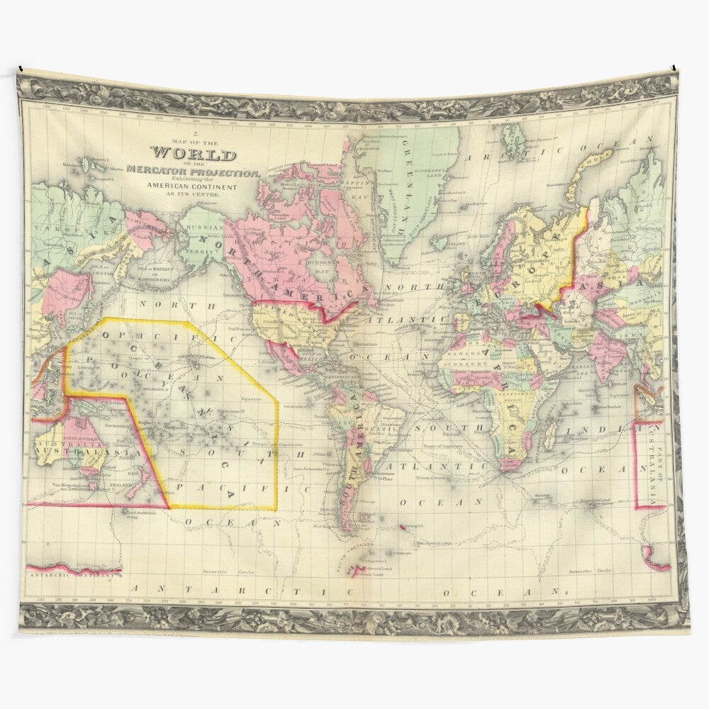 Vintage-style world map tapestry with historical cartography design