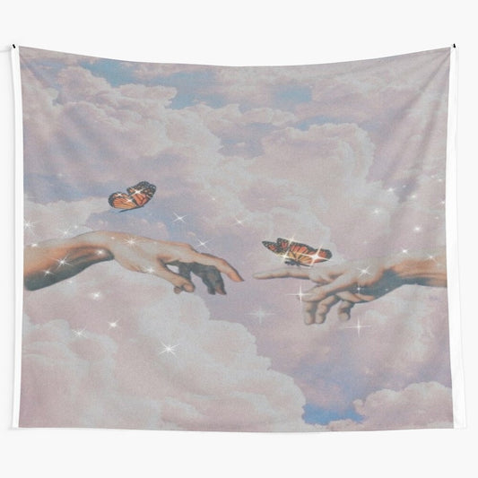 Artistic digital tapestry featuring "The Creation of Adam" scene with stylized elements like butterflies, clouds, and sparkles