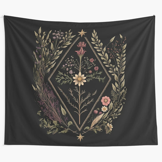 Sacred geometry tapestry with wiccan wildflowers