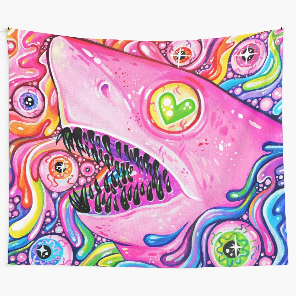 Colorful and psychedelic shark tapestry featuring sparkly, drippy, and trippy ocean design