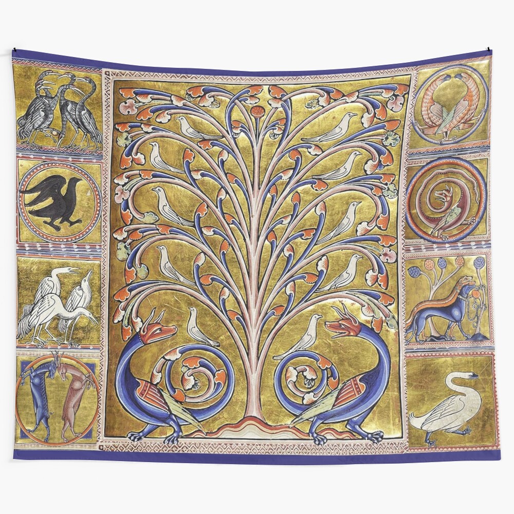 Intricate tapestry featuring a medieval bestiary, tree of life, and a variety of fantastic animals in gold, red, and blue colors