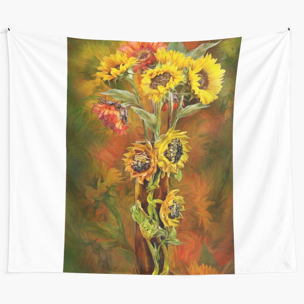 Sunflower tapestry with vibrant yellow and orange sunflowers in a vase