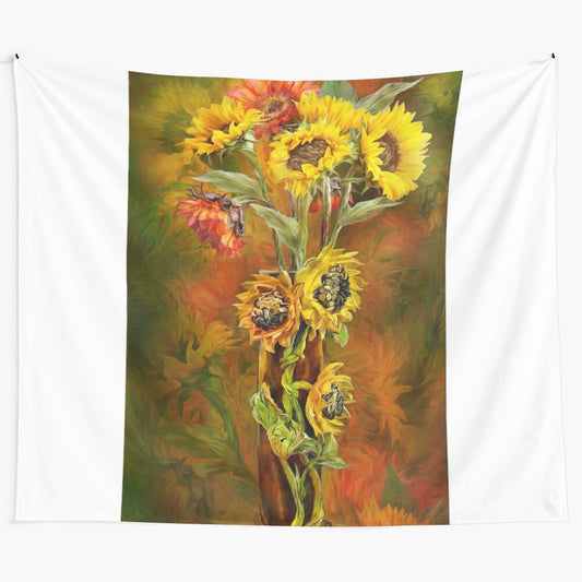 Sunflower tapestry with vibrant yellow and orange sunflowers in a vase