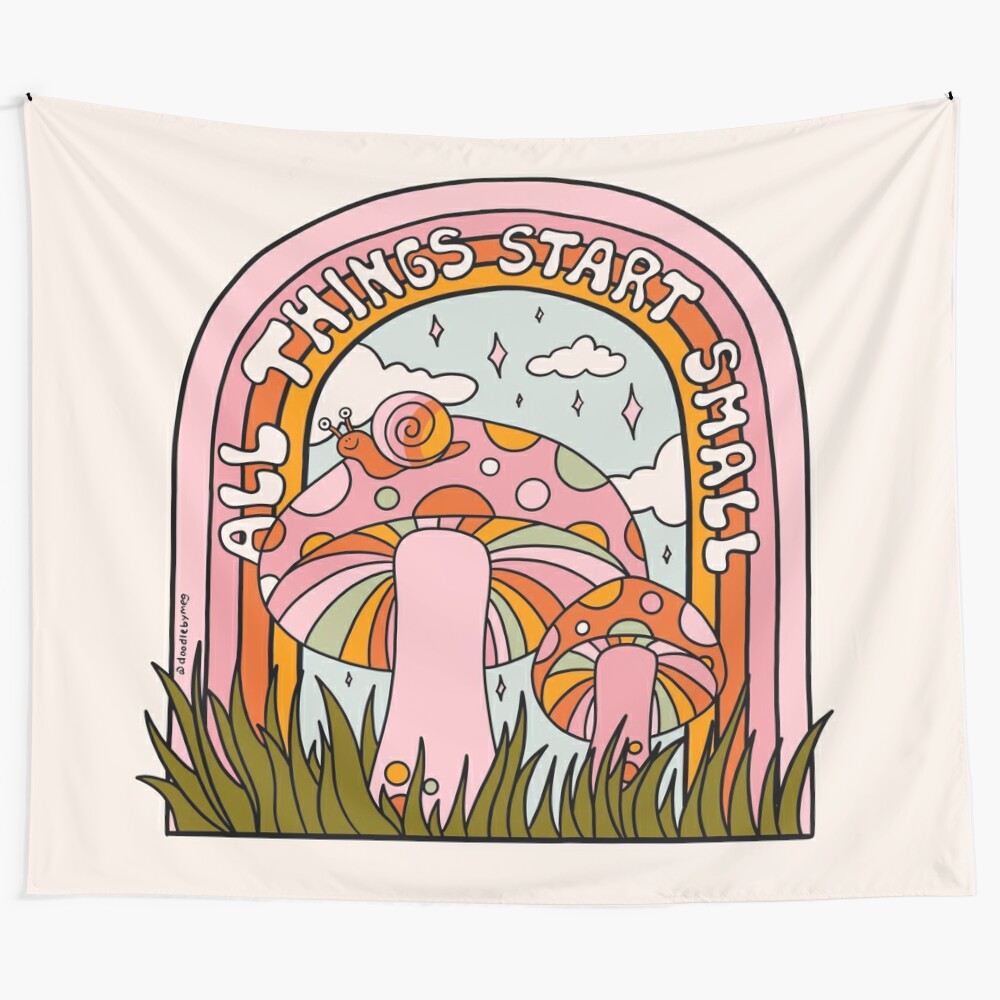 A small, whimsical tapestry featuring a snail, mushrooms, and nature-inspired elements in a retro, cottage core style.