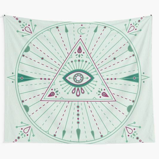 Mint mandala tapestry with evil eye design, perfect for bohemian home decor