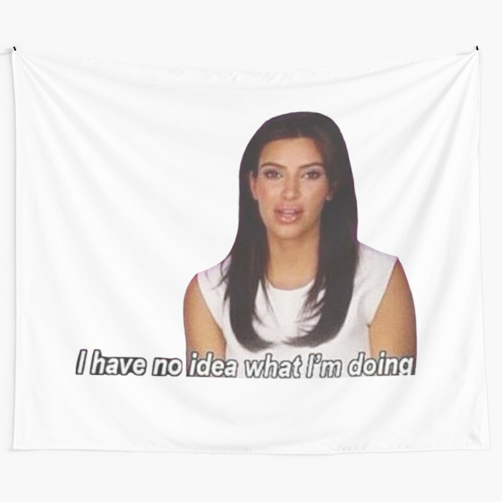 Vintage-style tapestry featuring a popular "I Have No Idea What I'm Doing" meme of Kim Kardashian from Keeping Up with the Kardashians