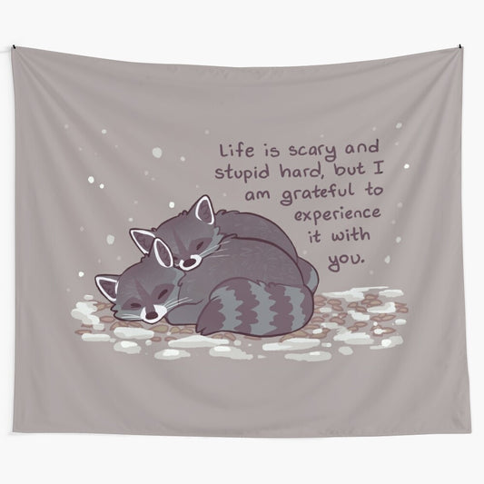 Snuggly raccoons cuddling in a snowy, winter scene on a soft, cozy tapestry