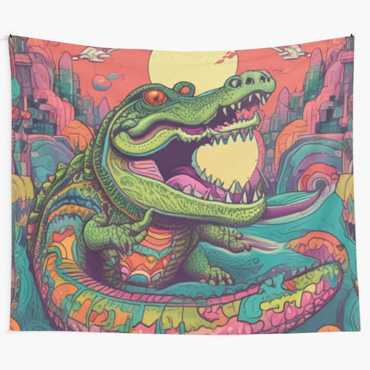 Vibrant psychedelic crocodile tapestry featuring a colorful, trippy animal print design